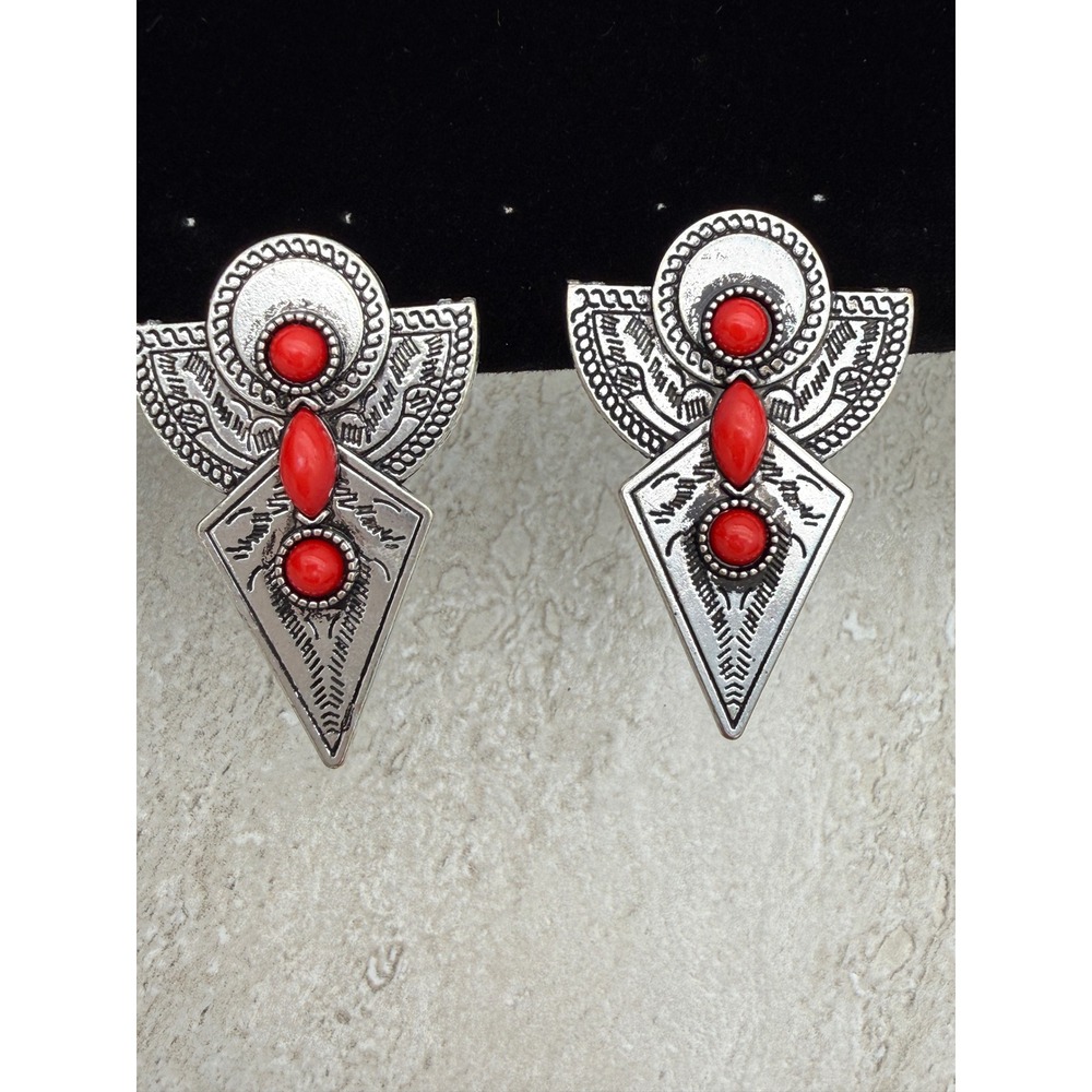 Southwestern Silver Tone Red Cabochon Geometric Shield Clip On Earrings
